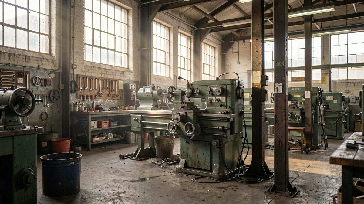 A dim Manchester machine shop interior with a belt-driven lathe and iron columns, morning light through high windows, wide angle from the shop floor.