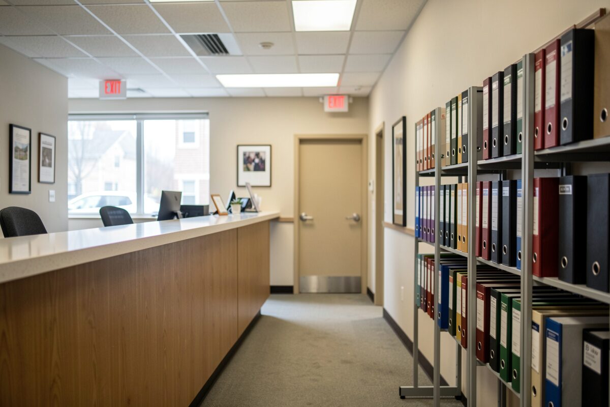 An escrow office lobby with a counter and a rack of document jackets