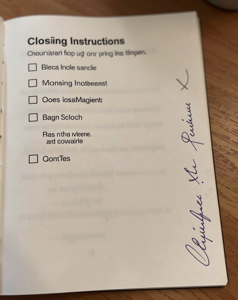 A closing instructions page with checkboxes and initials down the margin