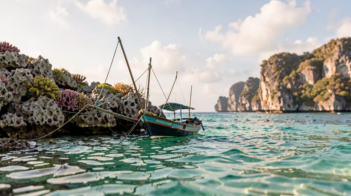 A small fishing boat at anchor near a coral reef in the Emerald Sea, morning light on turquoise water, shot from a low angle at water level.
