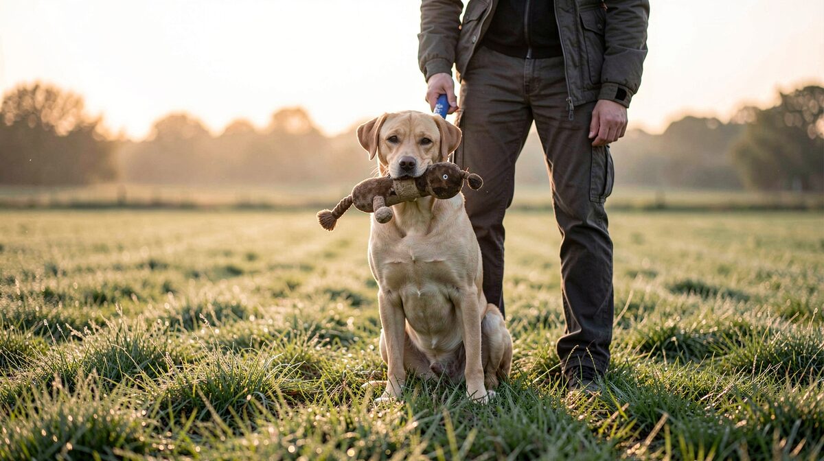 A Labrador retriever sitting steady beside a trainer in a mown field at dawn, holding a dummy in its mouth, framed low with dew on the grass.