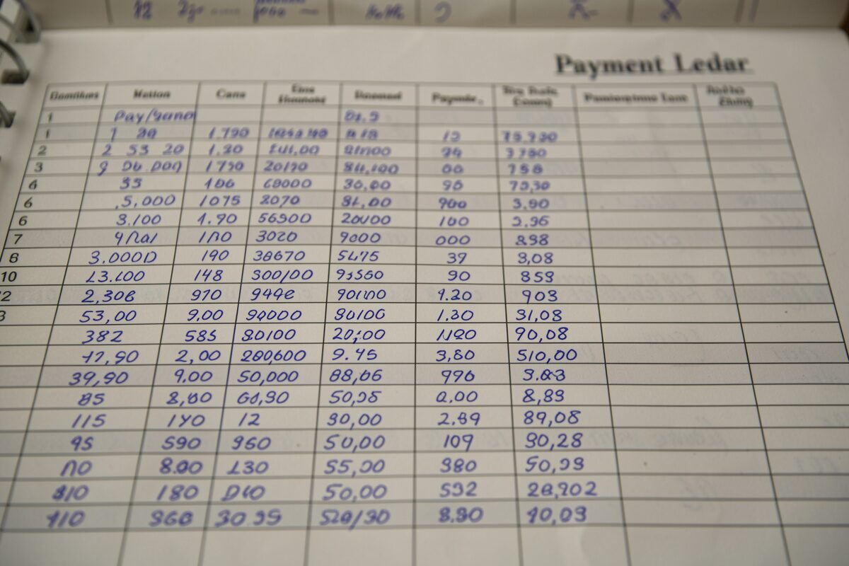 A payment ledger spanning several years, columns filled in by hand