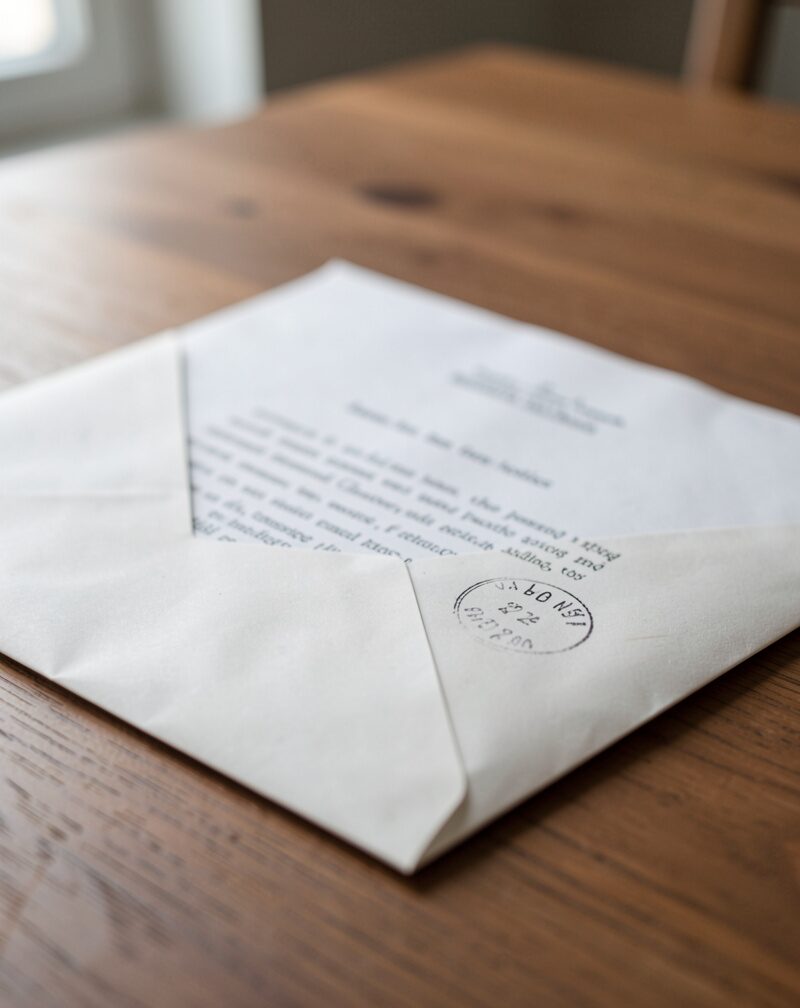 A late-notice letter folded into its envelope, date stamp visible