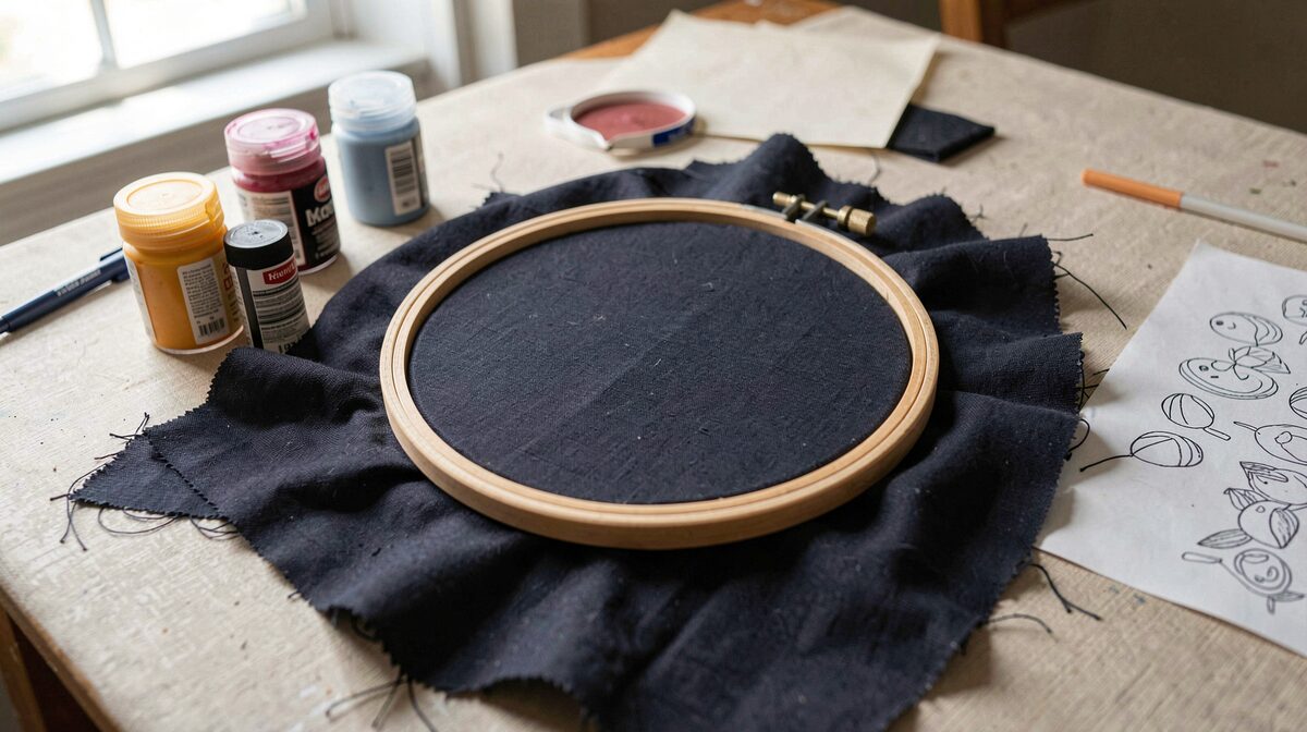 A well-lit craft table with dark cotton fabric stretched in an embroidery hoop, fabric paint jars, a felt pen and tracing paper nearby, shot from above in natural window light.