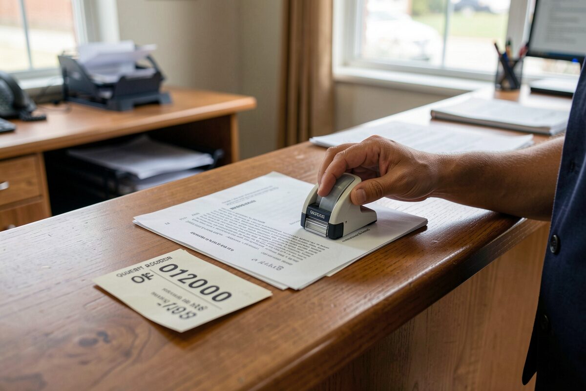 A recorder's office counter with a stack of documents waiting to be stamped