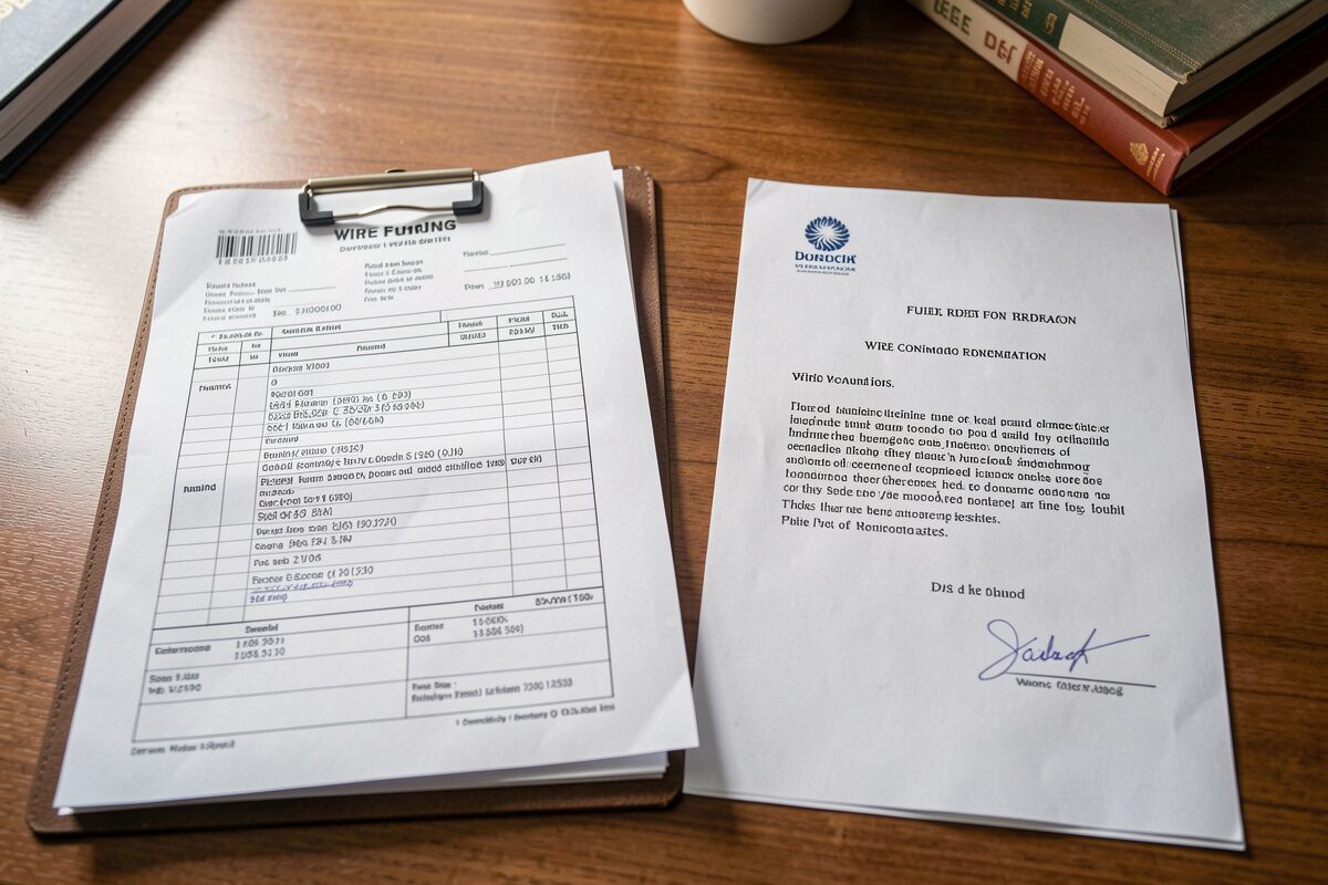 A funding desk with a wire confirmation printout and a signed deed ready for recording