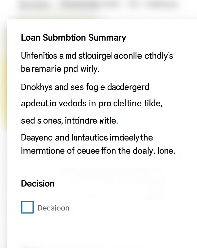 A one-page loan submission summary with five lines and a decision