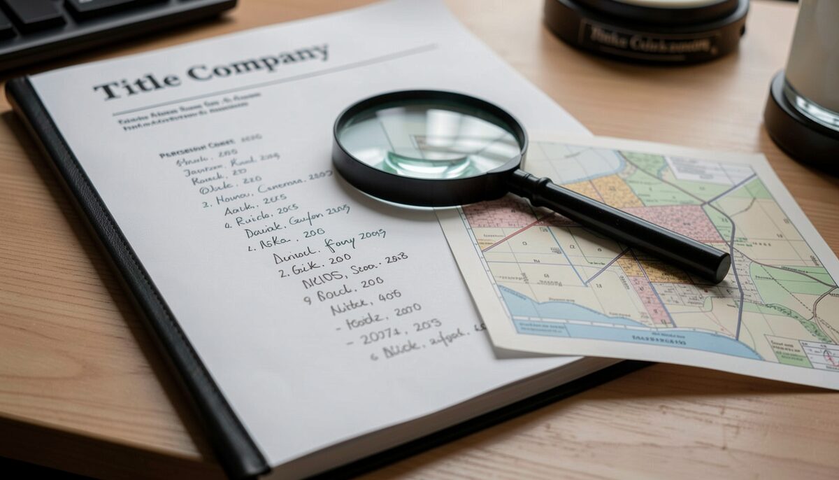 A policy report in a folder on a desk beside a parcel map, a magnifying glass resting across both, a coffee cup and keyboard at the edge of frame