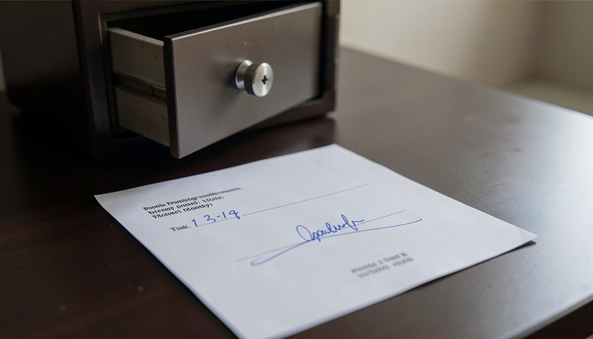 A single-page promissory note on a desk with a fountain pen and a notary seal stamp, an old filing cabinet behind