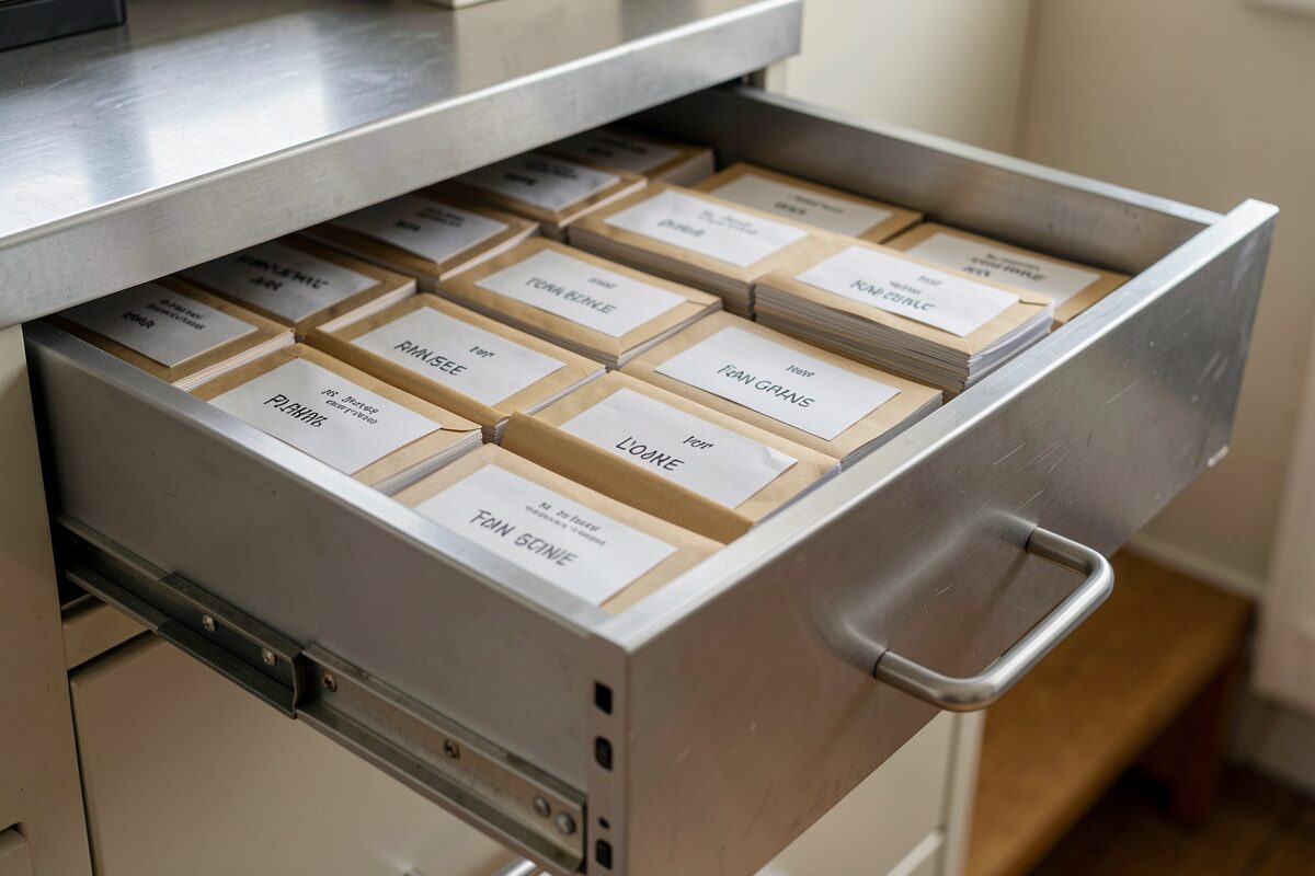 A bank vault shelf with folders of loan documents
