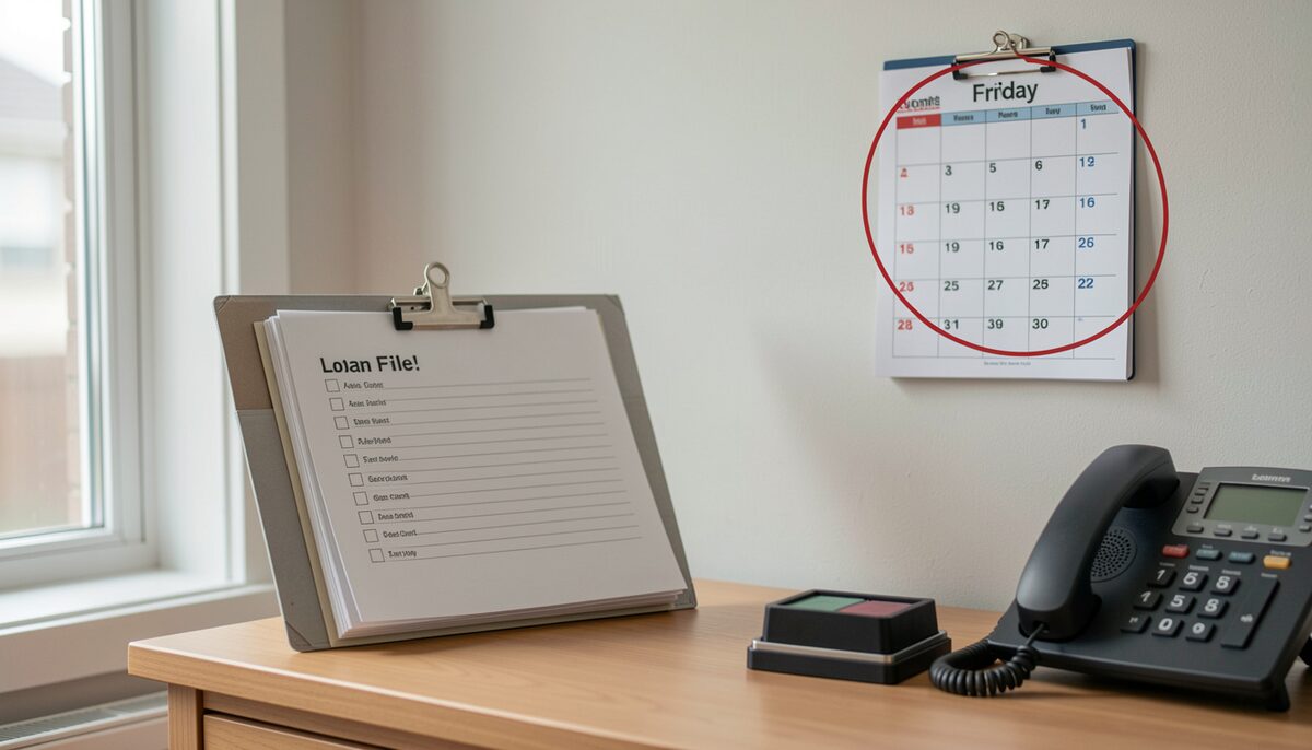 A loan file checklist on a clipboard on a desk, a wall calendar with a Friday circled in red behind it, a desk phone beside the file