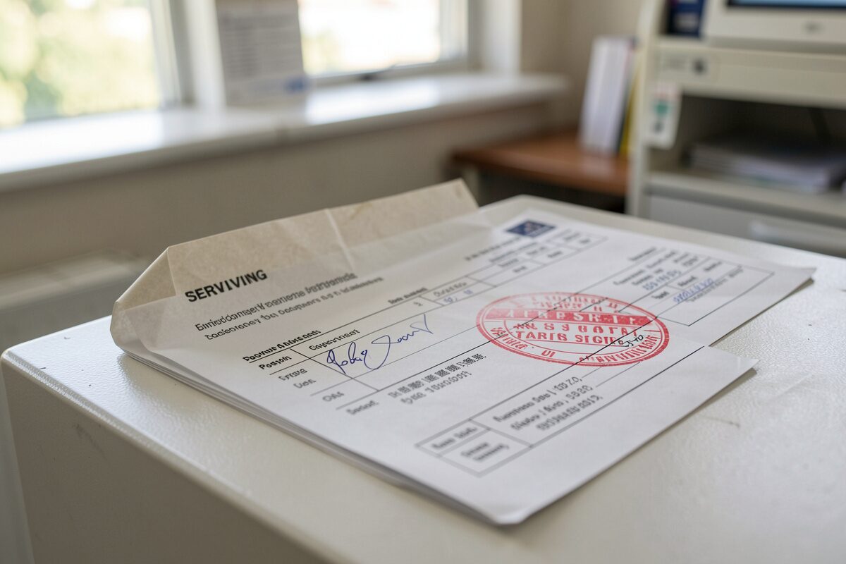 A servicing counter with a payoff statement being stamped and dated