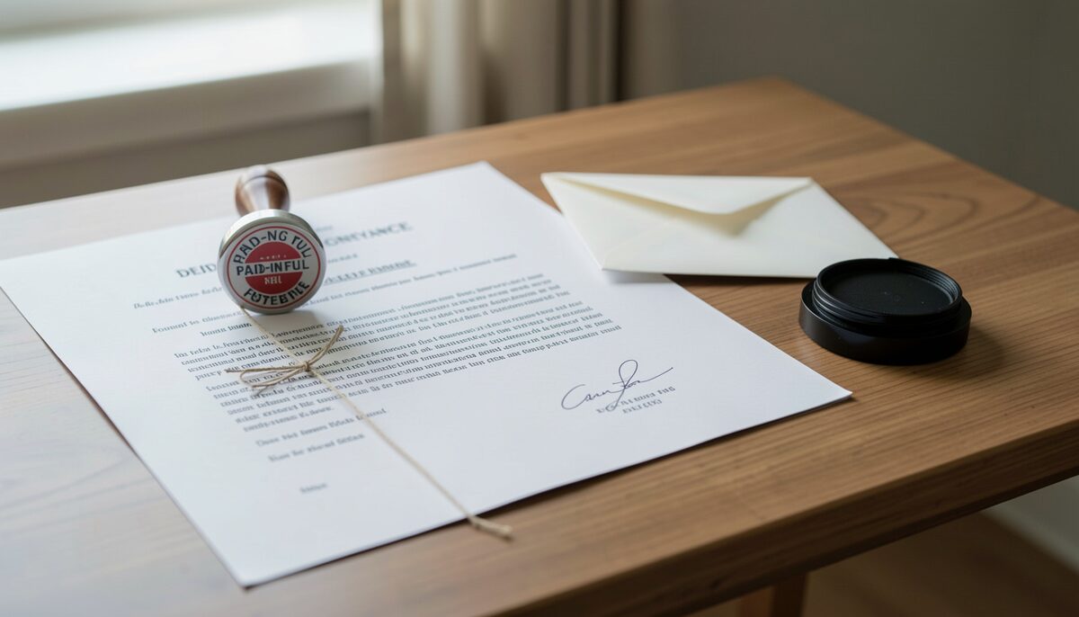 A thin document headed FULL RECONVEYANCE with a trustee's signature and county recording stamps, a paid-in-full stamp in red beside it