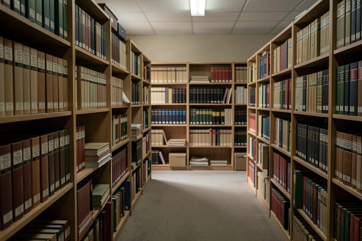 A title plant room with long shelves of tract books and index volumes