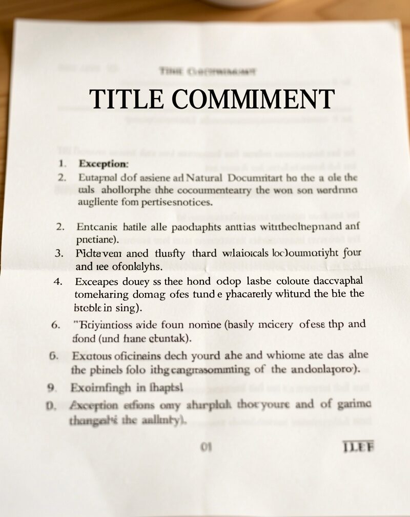 A title commitment page listing exceptions in numbered paragraphs