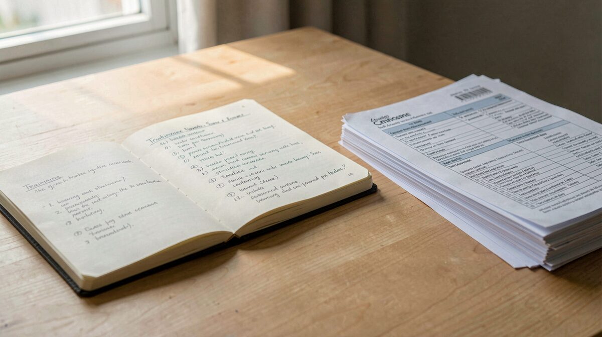 A plain wooden desk lit by soft morning window light, framed close on an open notebook with handwritten training outlines next to a stack of printed reports.
