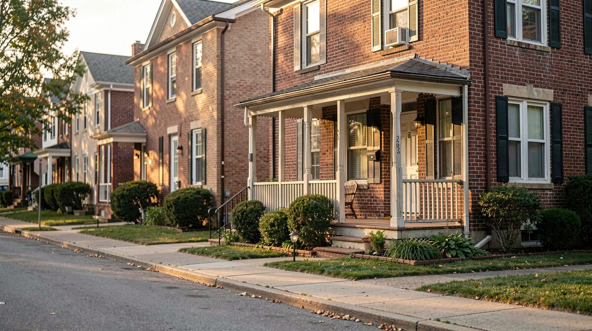 A modest neighborhood street in late afternoon light, brick houses and a corner porch in frame, shot from the sidewalk at eye level.