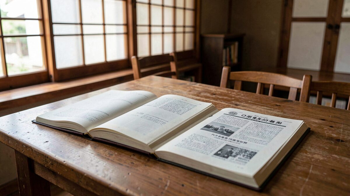 A quiet reading room in Himeji in late afternoon, an open notebook beside a printed civic journal on a wooden table, soft window light, close framing on the pages.