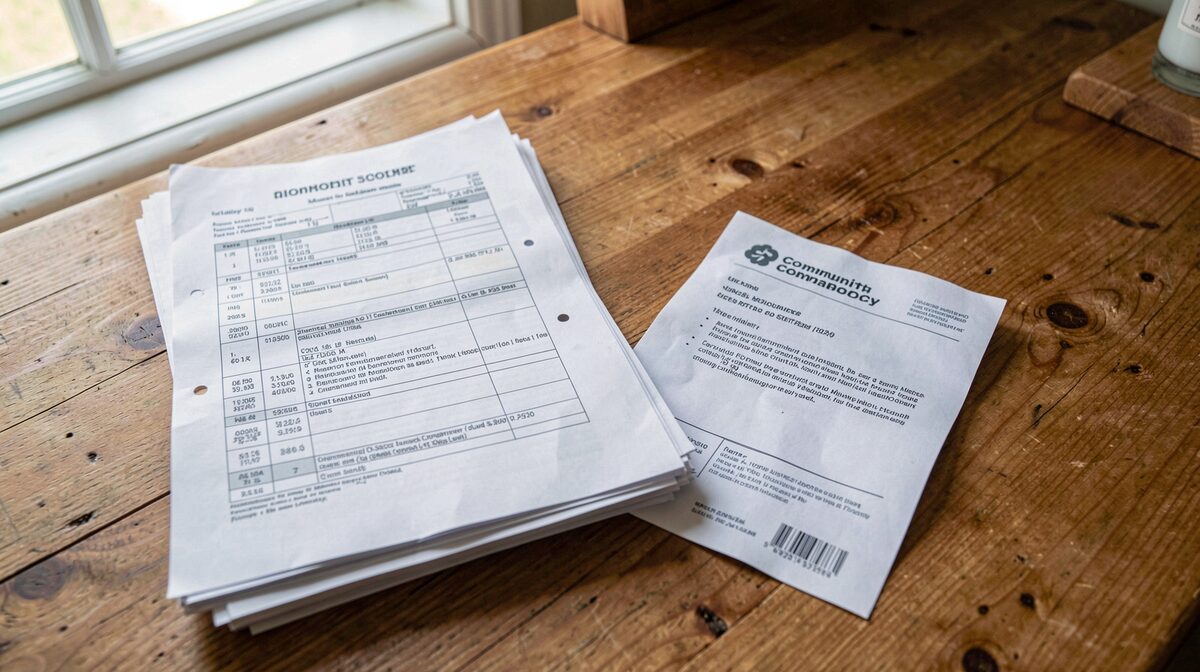 A stack of printed utility filings and a folded community solar contract on a wooden kitchen table, morning light through a window, shot from above.