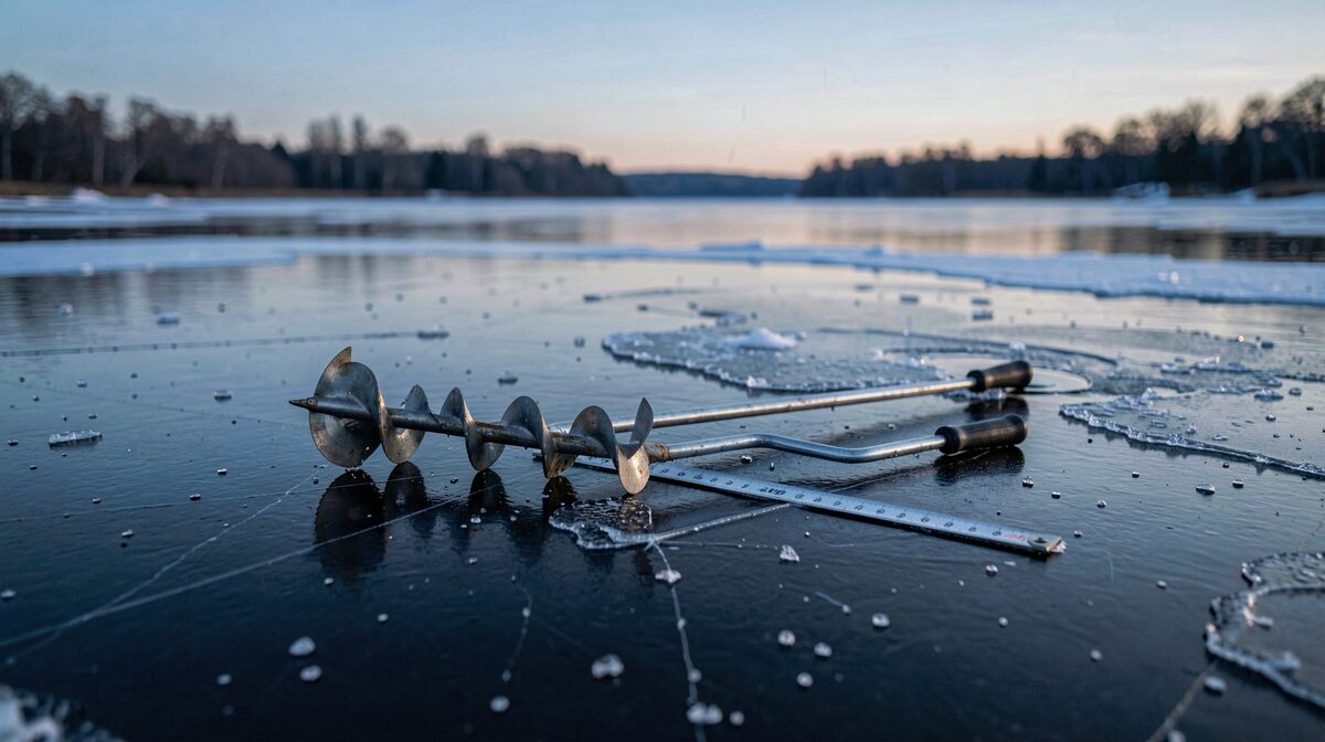 A frozen lake at dawn, an auger and measuring ruler laid on clear ice, shot low and wide in cold blue light.