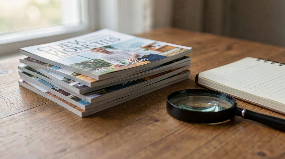 A stack of small independent magazines on a wooden desk beside a magnifying glass and a notebook, lit by soft window light, shot from a low side angle.