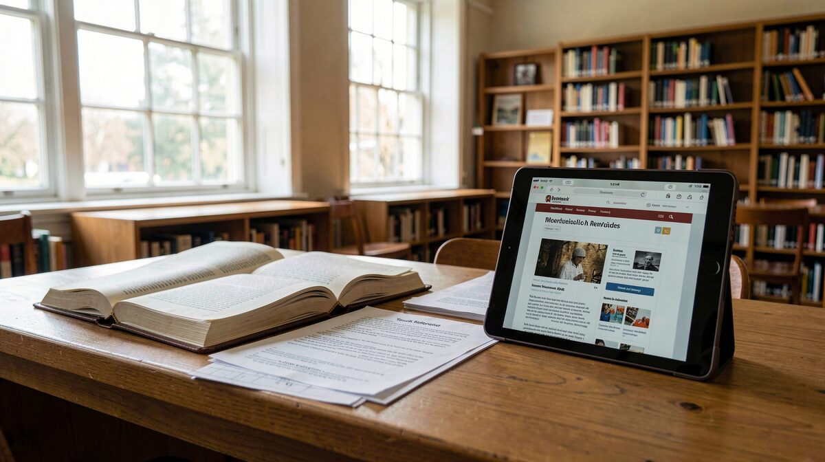 A public library reading room desk with an open reference book, printed registry printouts, and a tablet showing an archived web page, morning light from tall windows, three-quarter framing.