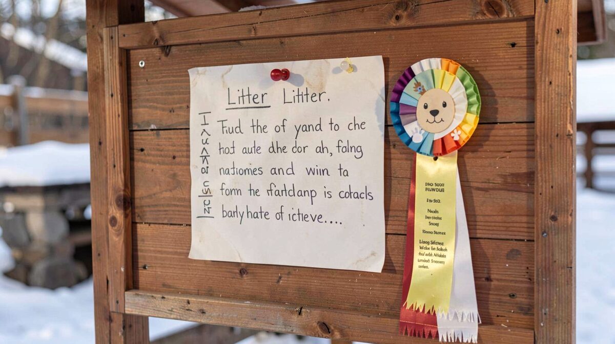 A wooden kennel noticeboard outdoors in flat winter daylight, pinned with a dated handwritten litter announcement and a dog show ribbon, close framing.