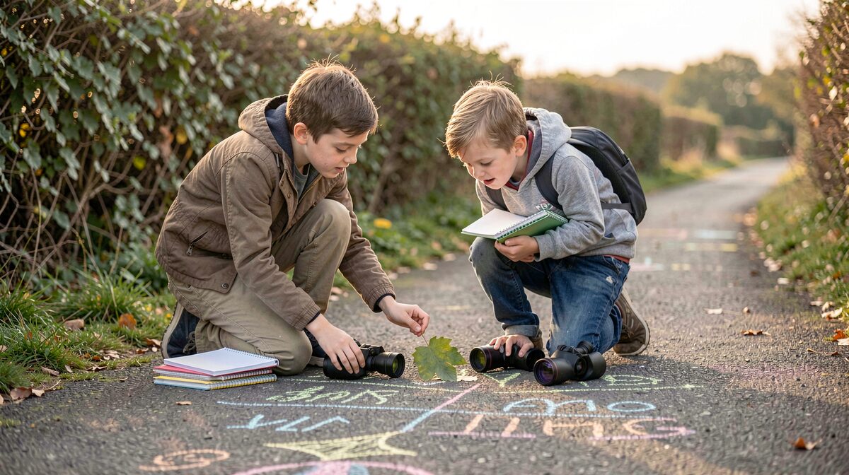 A family with notebooks and binoculars kneeling on a chalk footpath examining a leaf, late afternoon light, wide framing with hedgerow in background.