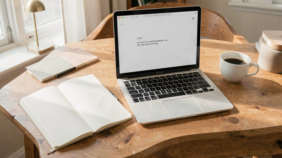 A tidy desk in soft morning light with an open notebook, a laptop showing a plain text page, and a cup of coffee, framed from a slight overhead angle.