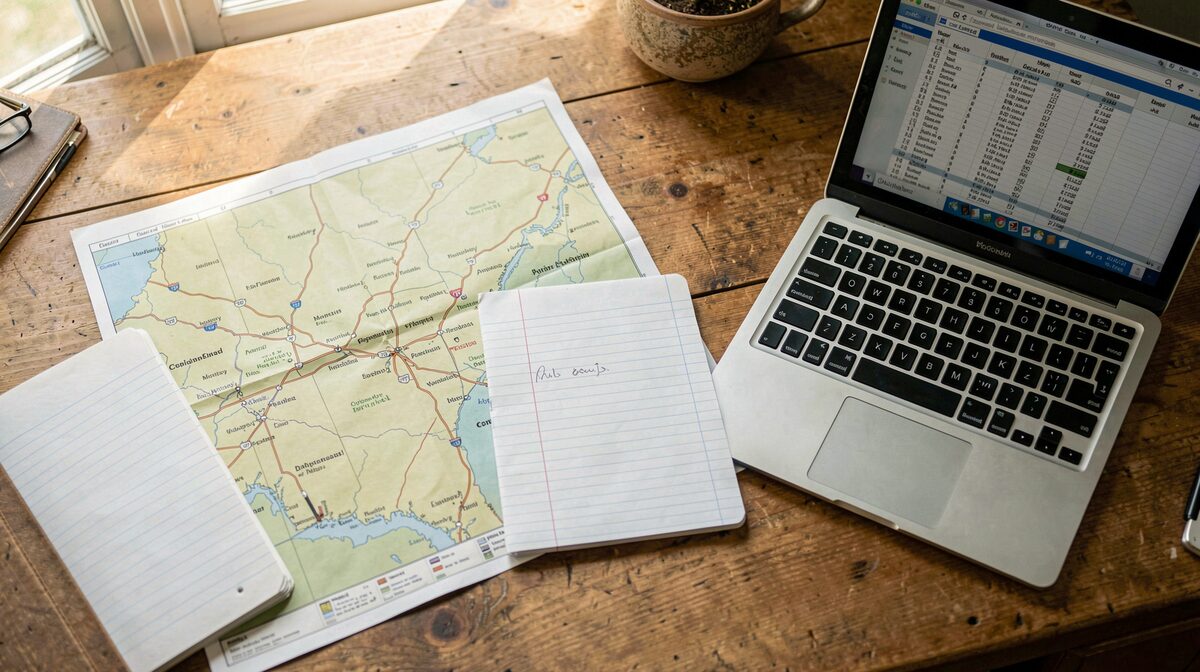 A farm office table with a paper farm map, a ruled notebook and a laptop showing a spreadsheet, lit by morning window light, shot from above.