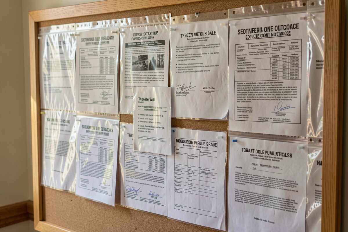 A courthouse notice board with posted trustee sale notices under plastic