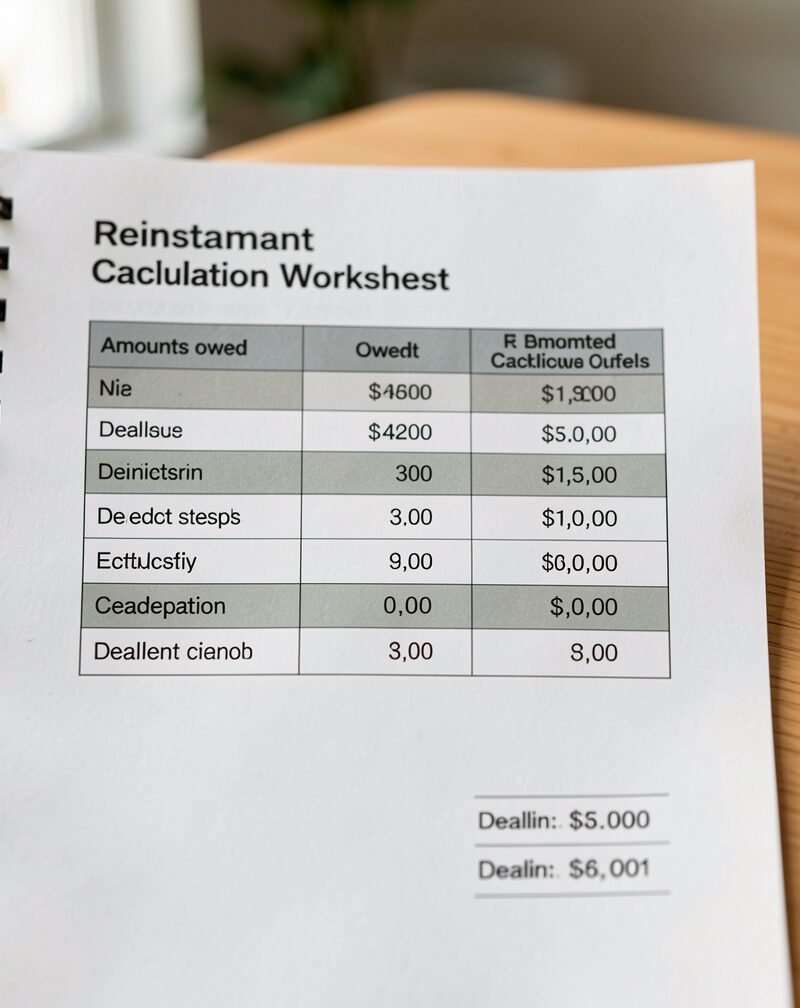 A reinstatement calculation worksheet listing amounts owed and deadlines